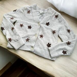 Abercrombie Kids Fuzzy Cream Cardigan with Brown Floral Embroidery Accents, 9-10